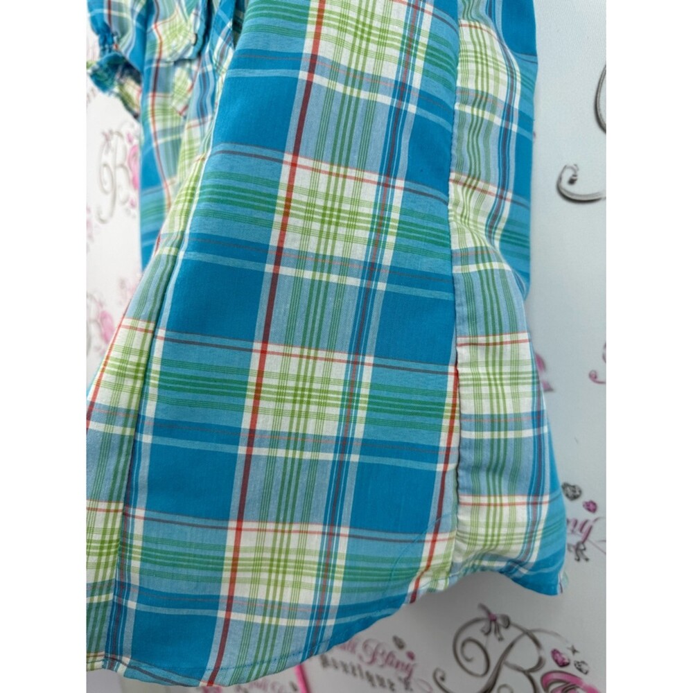 Majora T-shirt y2k Blue Plaid Button-Down Shirt stripes orange blue green white - Picture 5 of 9